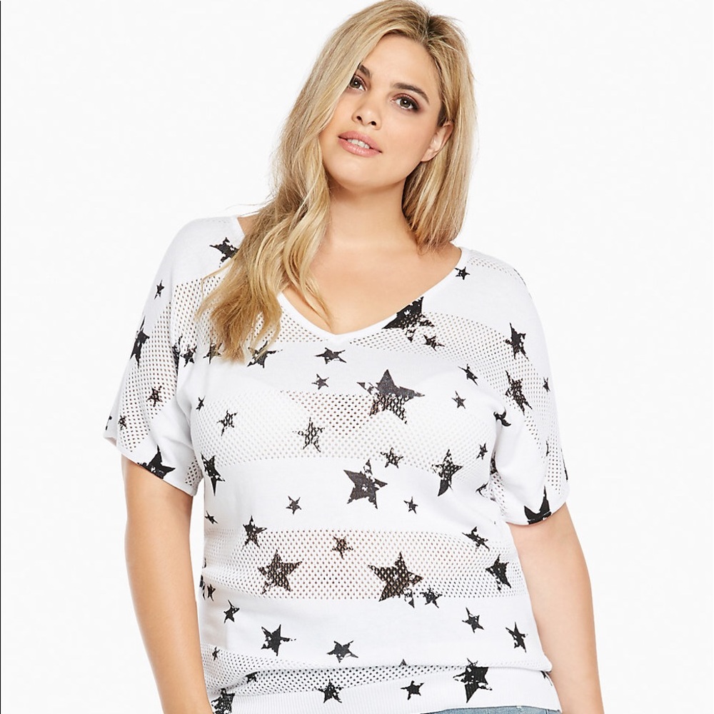 Torrid Star Print Open Stitch Sweater Top White